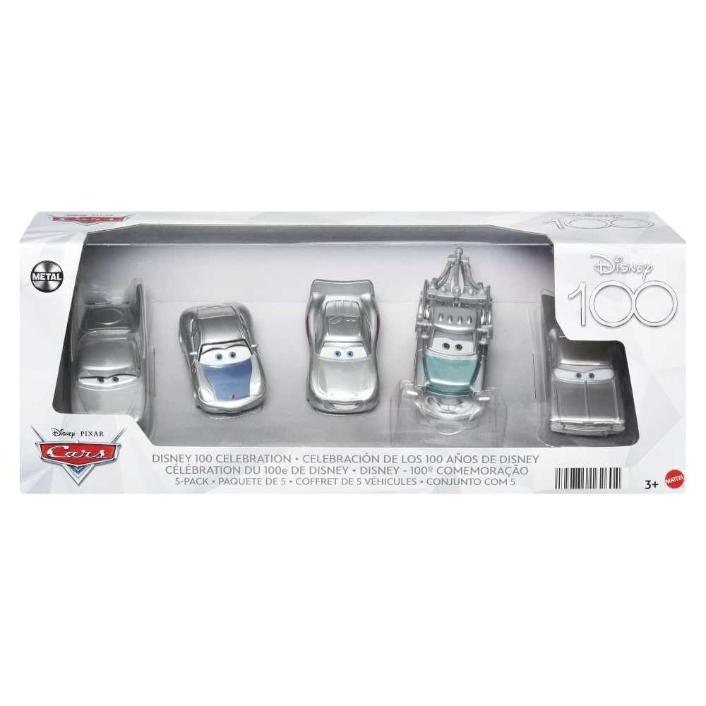 Disney Pixar CARS - Confezione da 5 veicoli die-cast in scala 1:55, include Saetta McQueen, Sally, Cricchetto, Flo e Ramone, Anniversario Disney 100, giocattolo per bambini, 4+ anni, HPL98