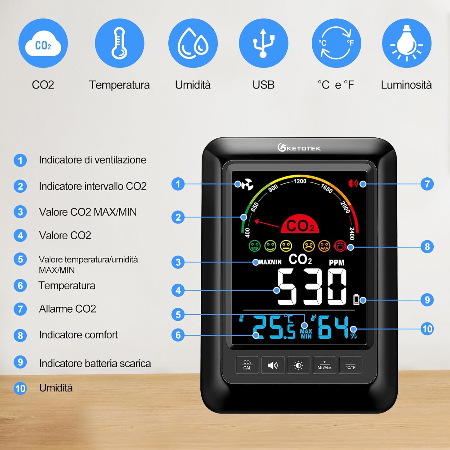 KETOTEK Rilevatore CO2 con Allarme - immagine 6