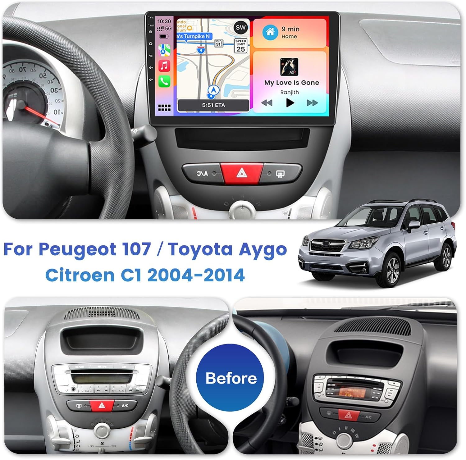 Inefala Autoradio Android per Peugeot 107/Aygo/C1 10" 2G+64G - immagine 2