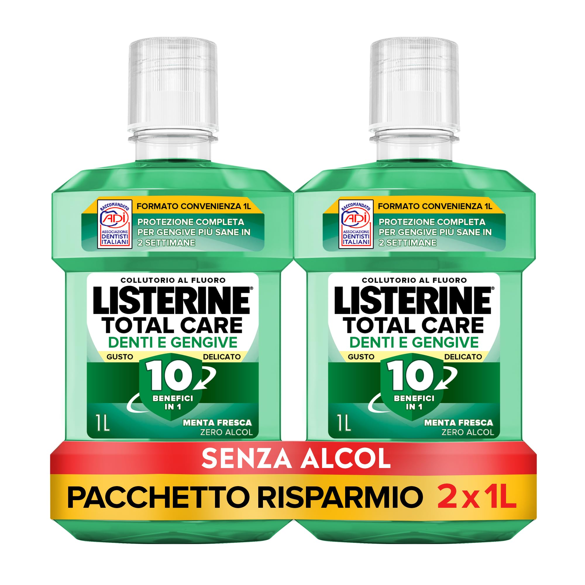 LISTERINE Denti e Gengive Gusto Delicato, Collutorio 0% alcol al gusto di Menta Fresca, Collutorio senza alcool con 10 benefici in 1, Confezione da 2 x 1L – Esclusiva 