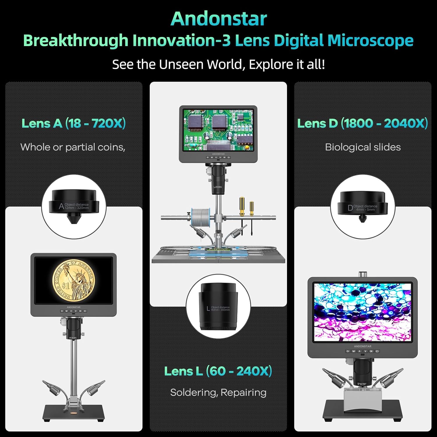 Andonstar AD249S-M Plus Microscopio Digitale 10.1'' HDMI - immagine 2