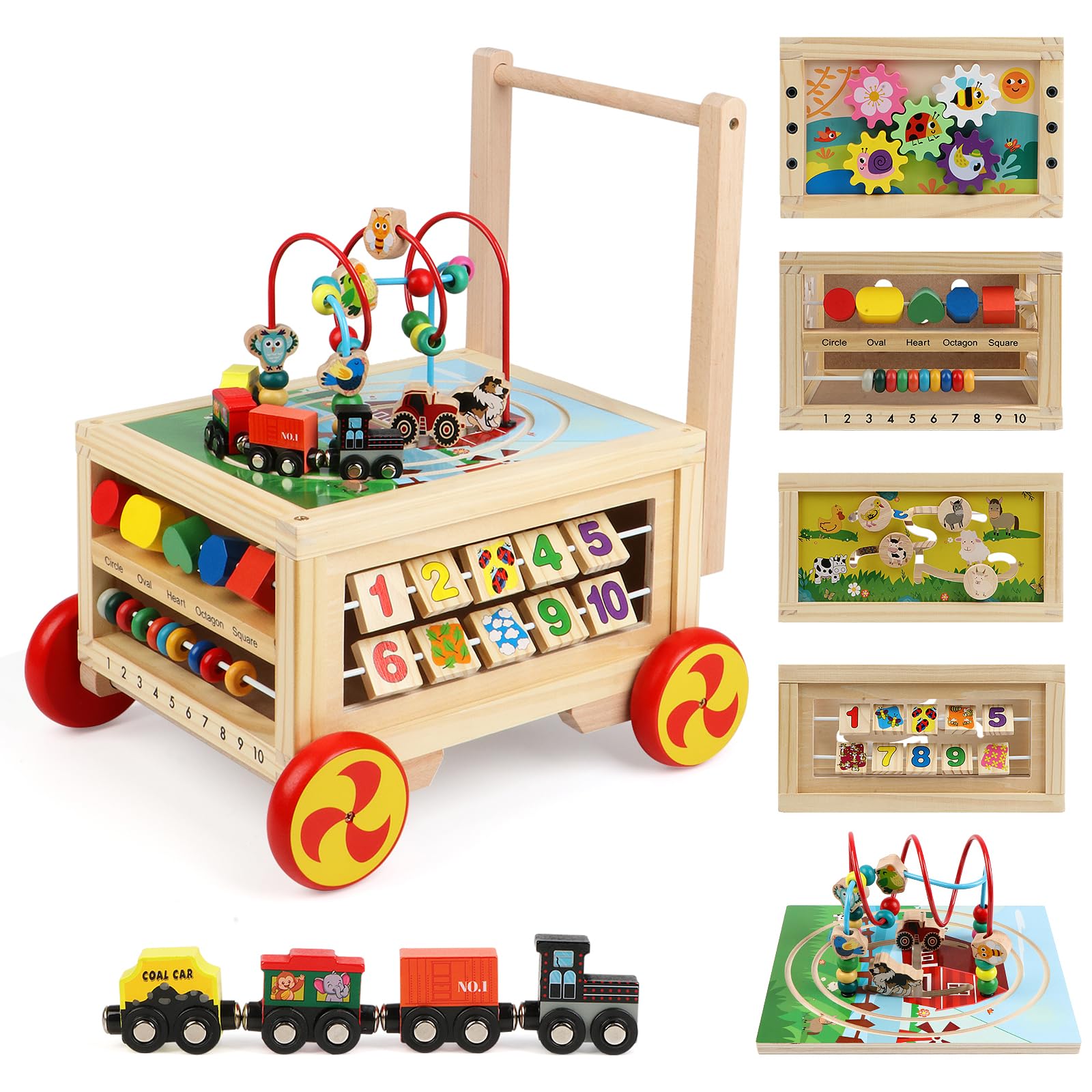 Cubo di attività traccia di legno con ruote per ragazzi e ragazze