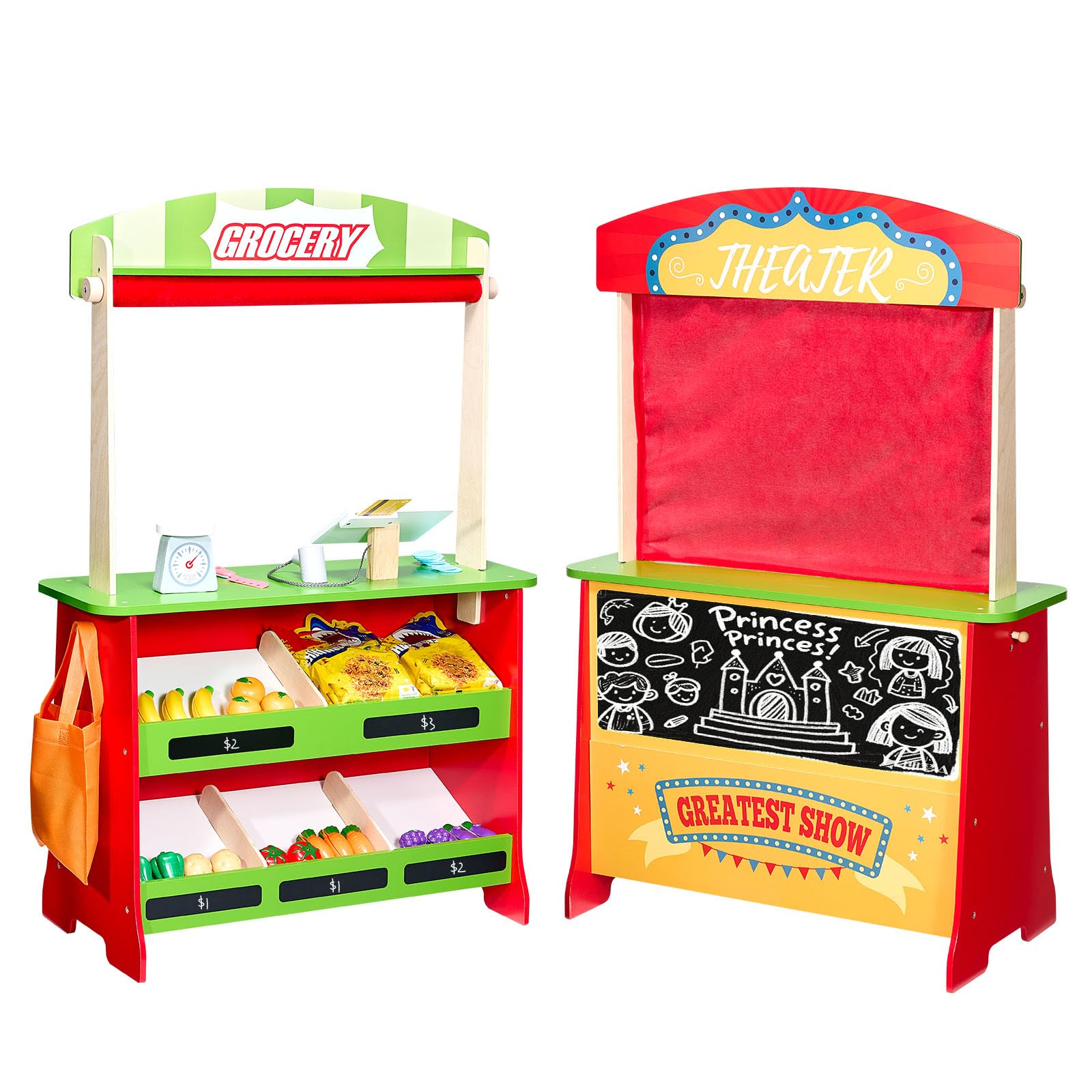 VEVOR Set da Gioco per Bambini in Legno con Tende, Negozio di Giocattoli Reversibile, Negozio di Alimentari Bifacciale con Lavagna e Registratore di Cassa, Bancarella del Mercato per Bambini