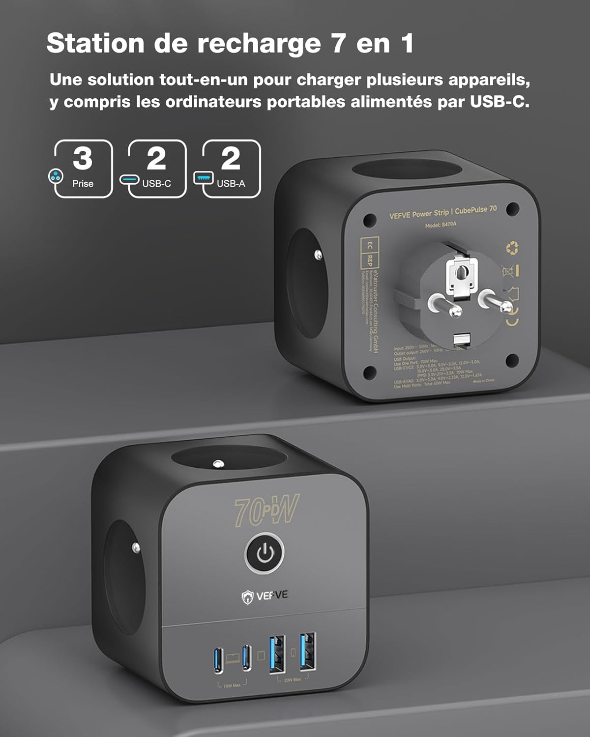 Vefve Caricabatterie Rapido USB-C 70W GaN III 7 in 1 - immagine 3