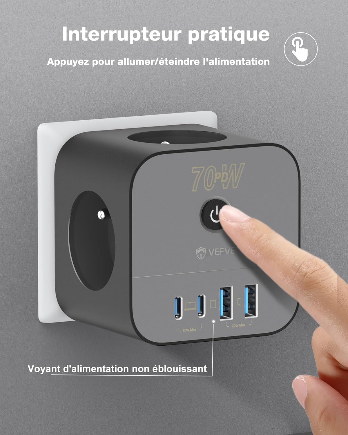 Vefve Caricabatterie Rapido USB-C 70W GaN III 7 in 1 - immagine 4