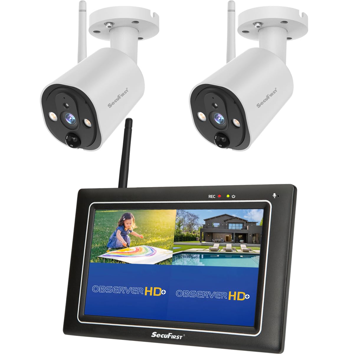 SecuFirst Set di Telecamere di Sorveglianza Esterne con Monitor Interno, Touchscreen da 7" con 2TB di Memoria Espandibile, 2X Telecamera Esterna di Sorveglianza Babyphone Funziona Senza WiFi con HD 2K