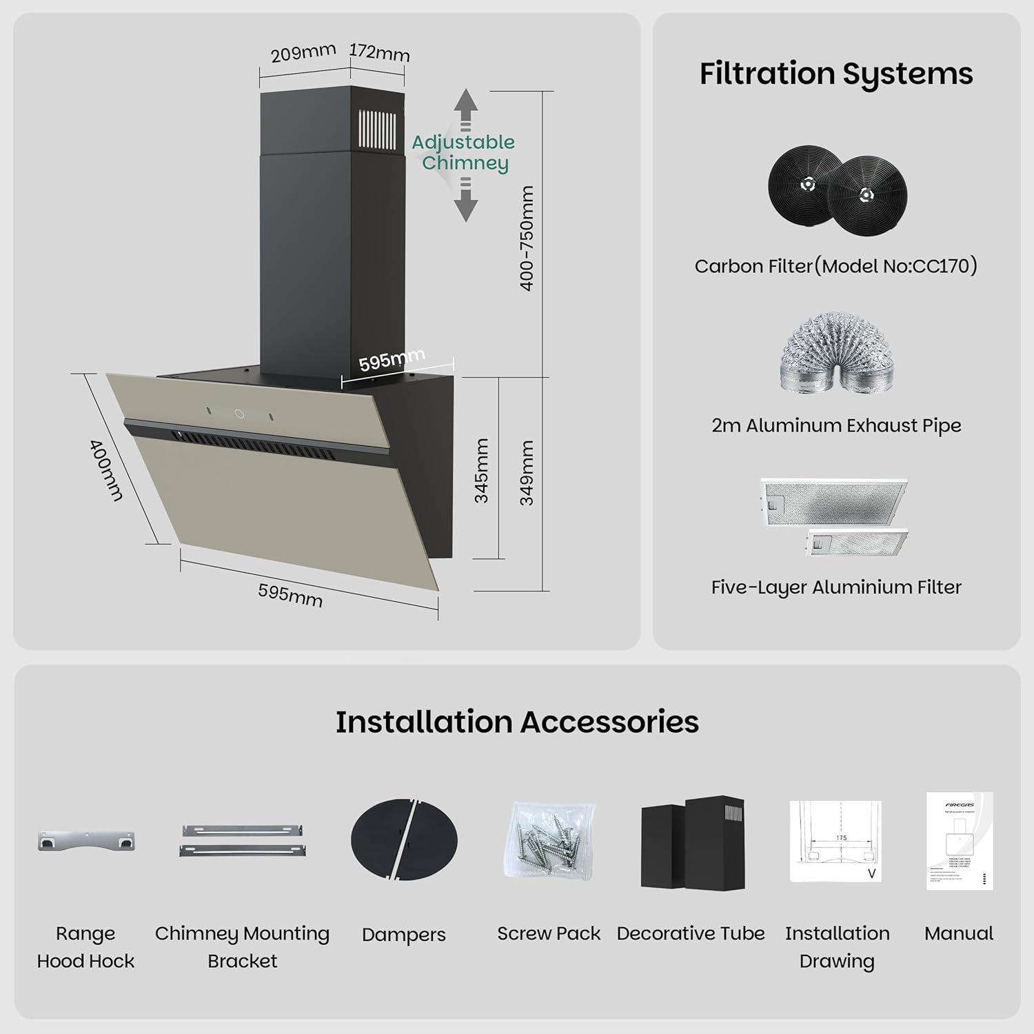 Firegas Cappa Aspirante Inclinata 60cm, Grigio - immagine 9