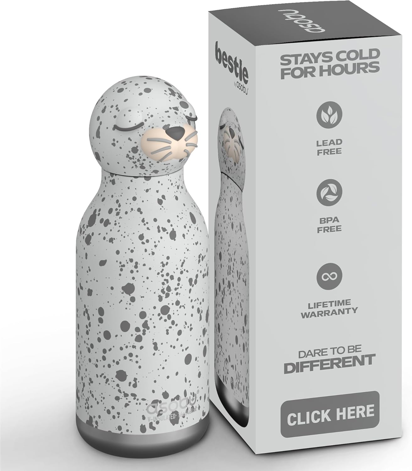 asobu Bestie Borraccia termica in acciaio inox, con testa a forma di animale morbido, rimovibile, per bambini e ragazzi, con cannuccia flessibile, riutilizzabile, da 473,6 g (bianco)