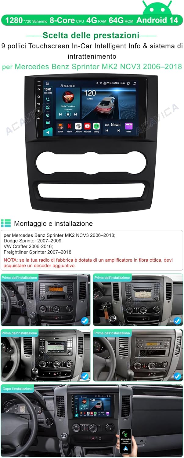 Acavica Autoradio Android 14 per Mercedes Benz Sprinter MK2 - immagine 2