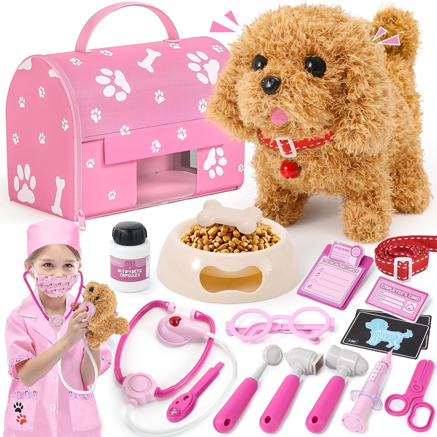 Kit Veterinario Bambina 21Pcs con Peluche Cane Elettronico