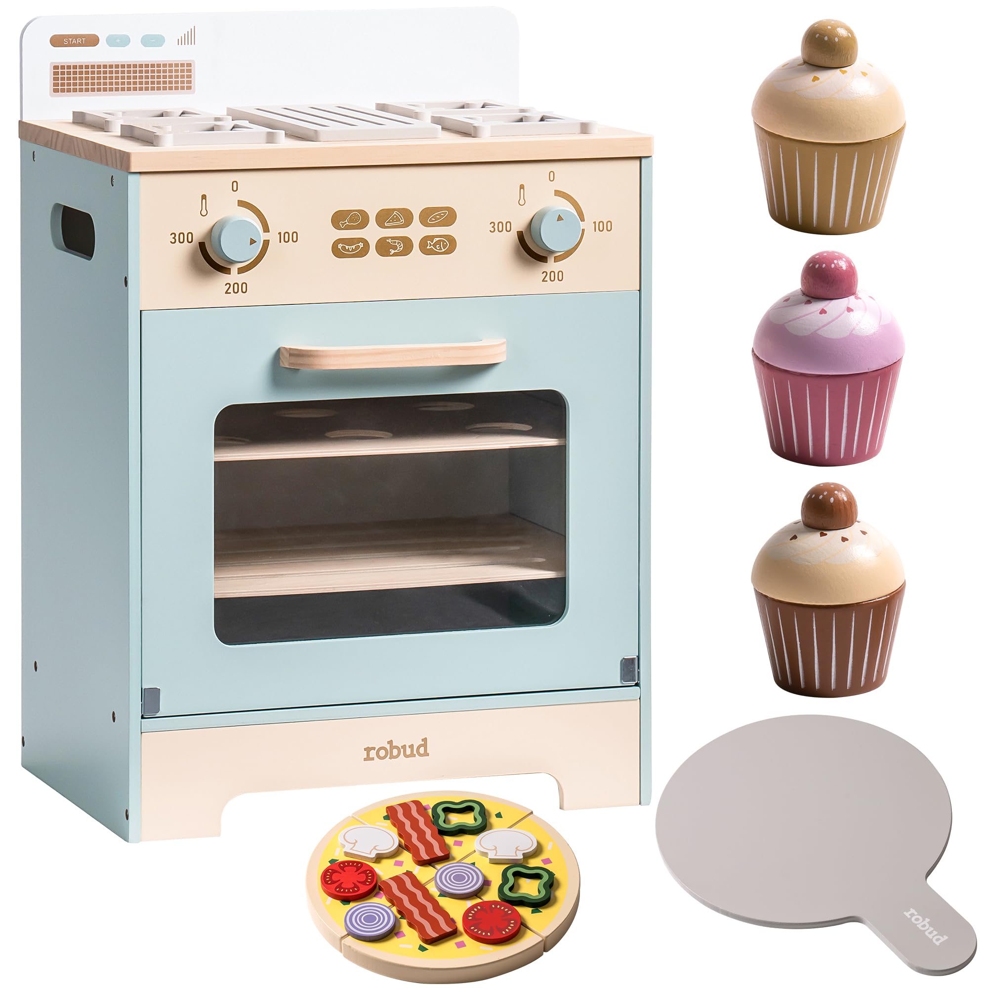ROBUD Forno per bambini in legno, set da cucina per bambini con cupcake, pizza, vassoio per ragazzi e ragazze.