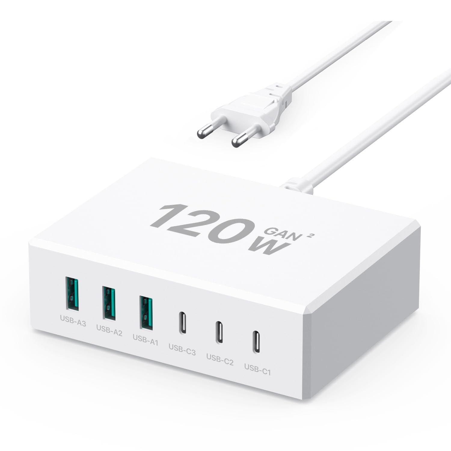 Caricatore USB C 120W GaN 6 Porte (3 USB-C + 3 USB-A), Bianco