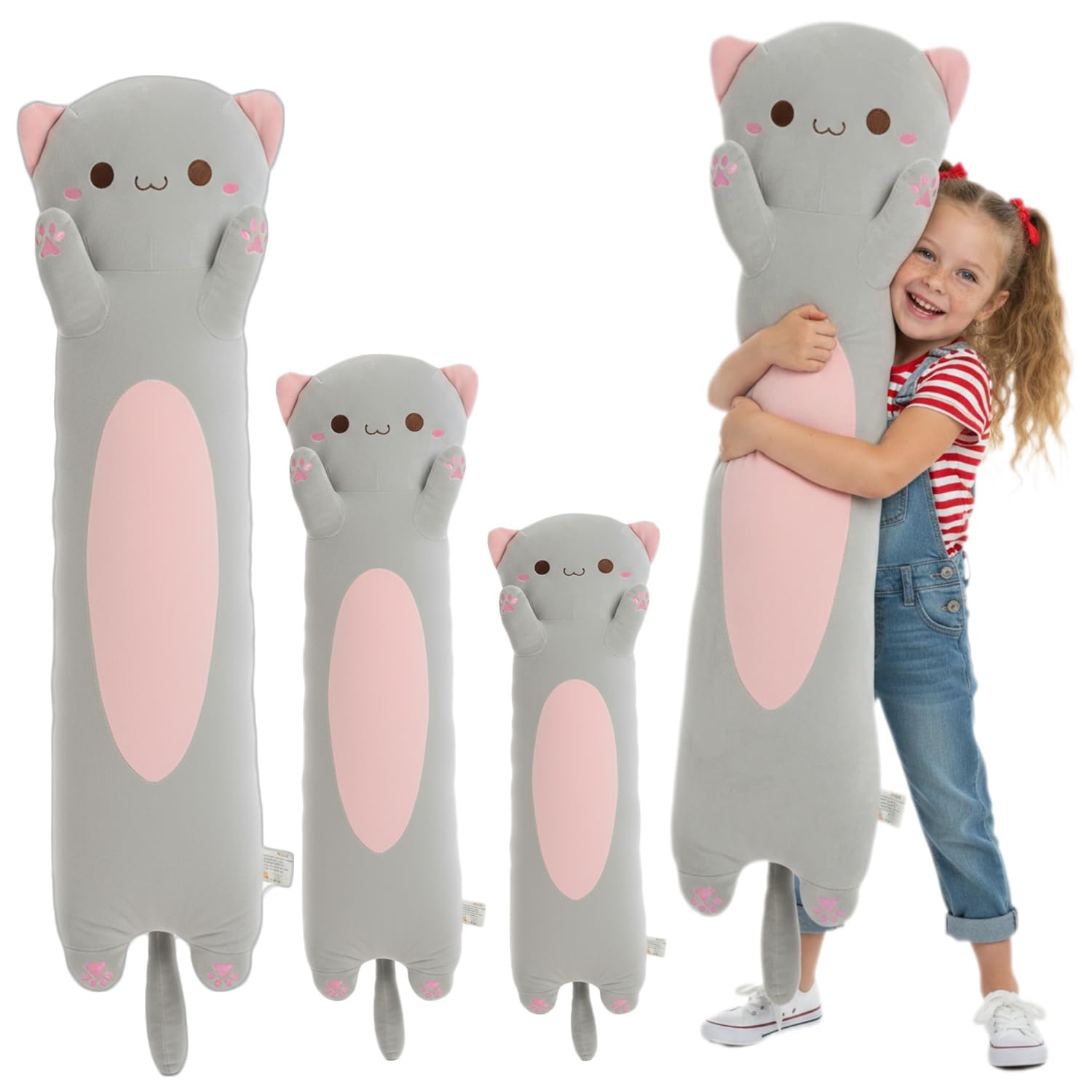 Lungo Peluche Gatto - Cuscino Morbido 110cm, Grigio