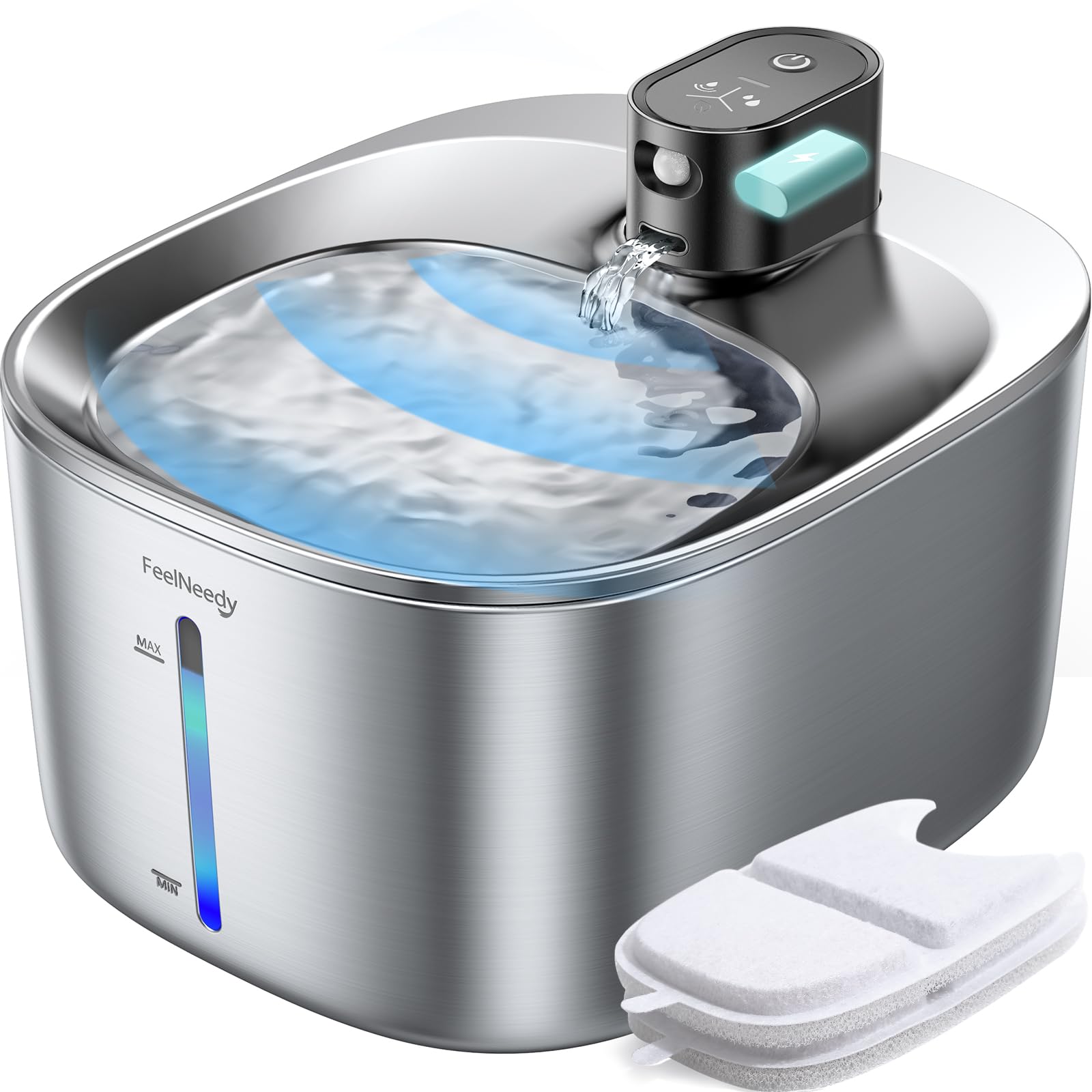 Fontanella per Gatti Acciaio con Sensore di Movimento a Pila FEELNEEDY 4L Fontana per Gatti e Cani Senza Fili a Batteria Ricaricabile Integrate da 4000 mAh, con Pompa e 2 Filtri