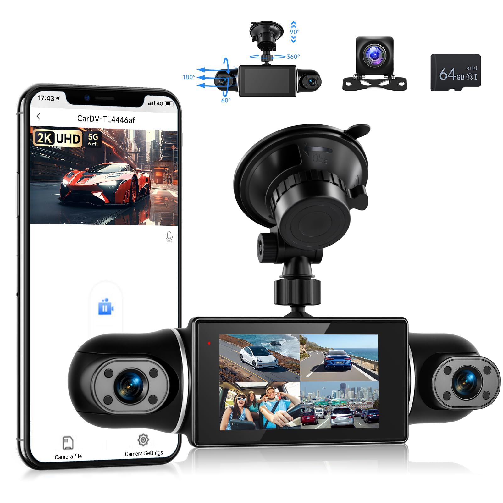 Dashcam Auto 2K Wi-Fi con Schermo IPS 3 Pollici