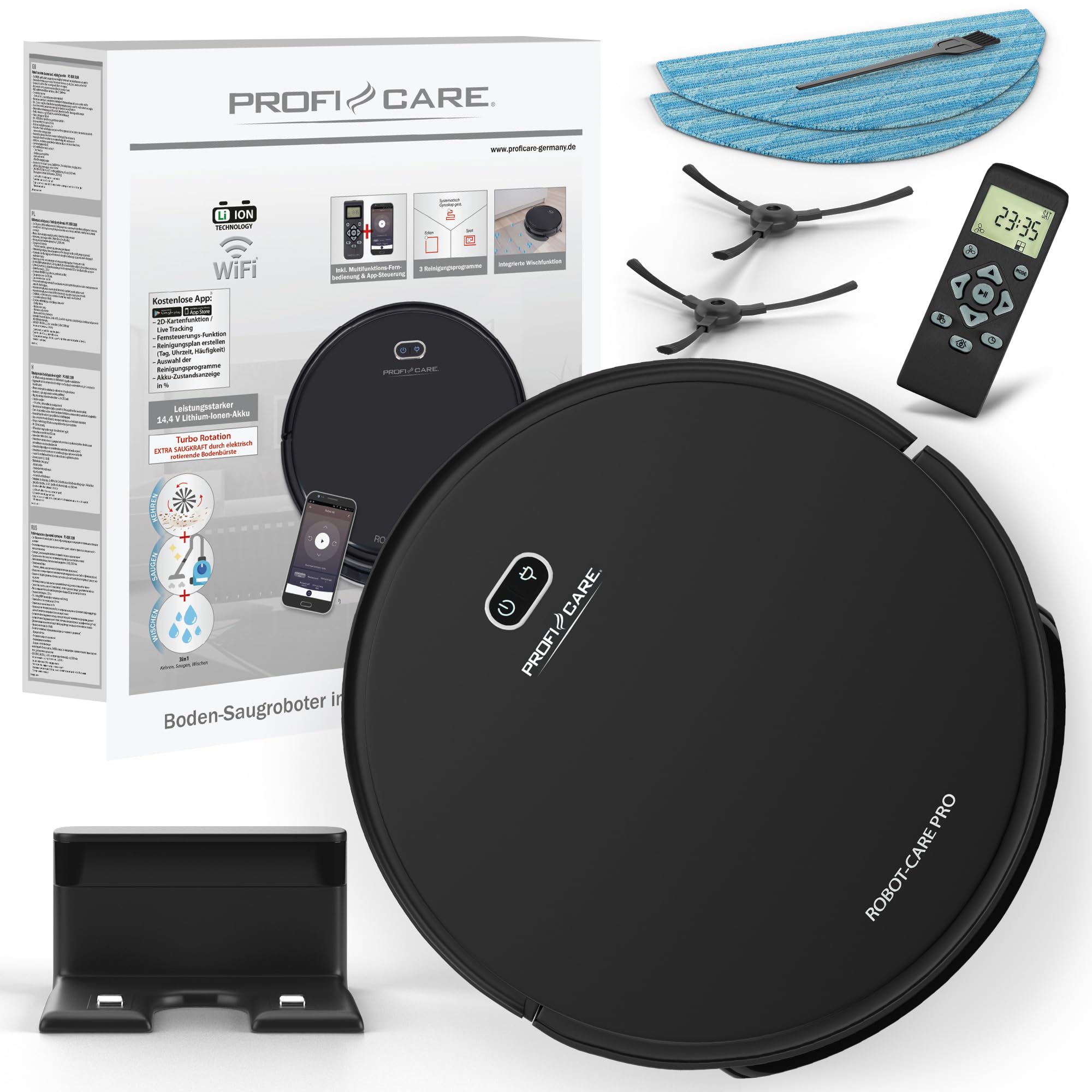 ProfiCare - Aspirapolvere robot connesso WiFi con funzione di pulizia, colore: Nero PC-BSR3108-Nero