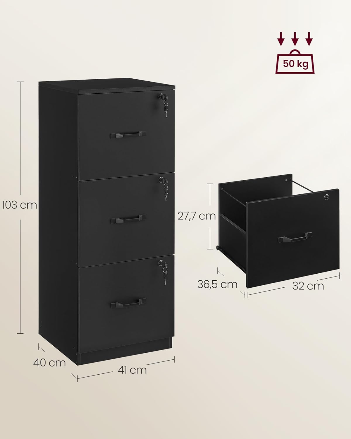 Vasagle Cassettiera da Ufficio con 3 Cassetti - immagine 3