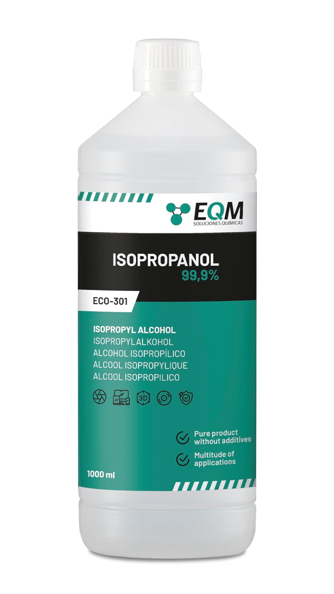 EQM - ECO-301 - Isopropanolo - Alcool Isopropilico 99,9% - 1L - Pulizia di componenti elettronici, lenti e schermi - Pulizia delle resine stampa 3D - Detergente per vetri, sgrassatore