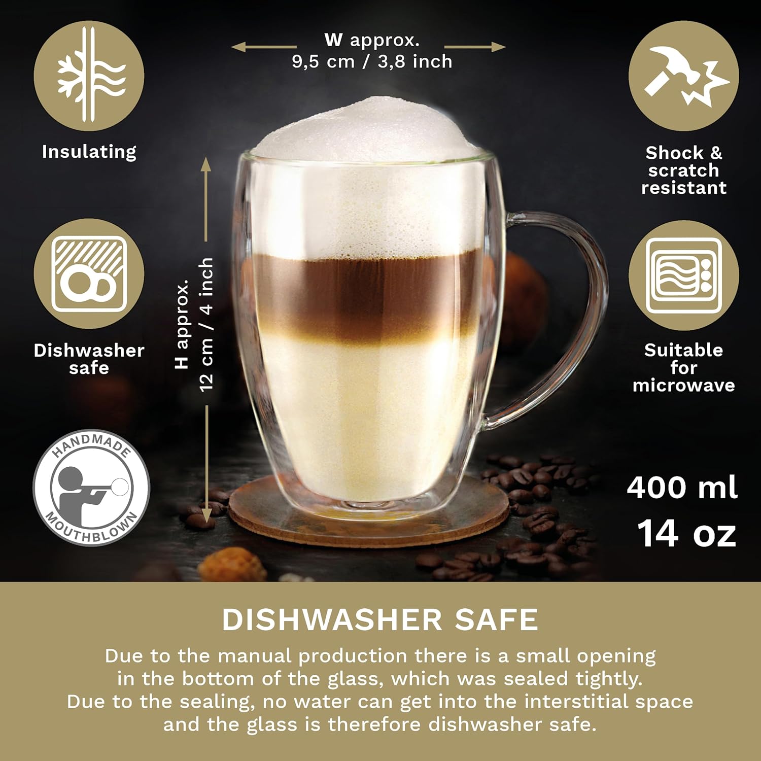 Tazza Termos Doppia Parete 400ml con Manico, 4 Pezzi - immagine 3