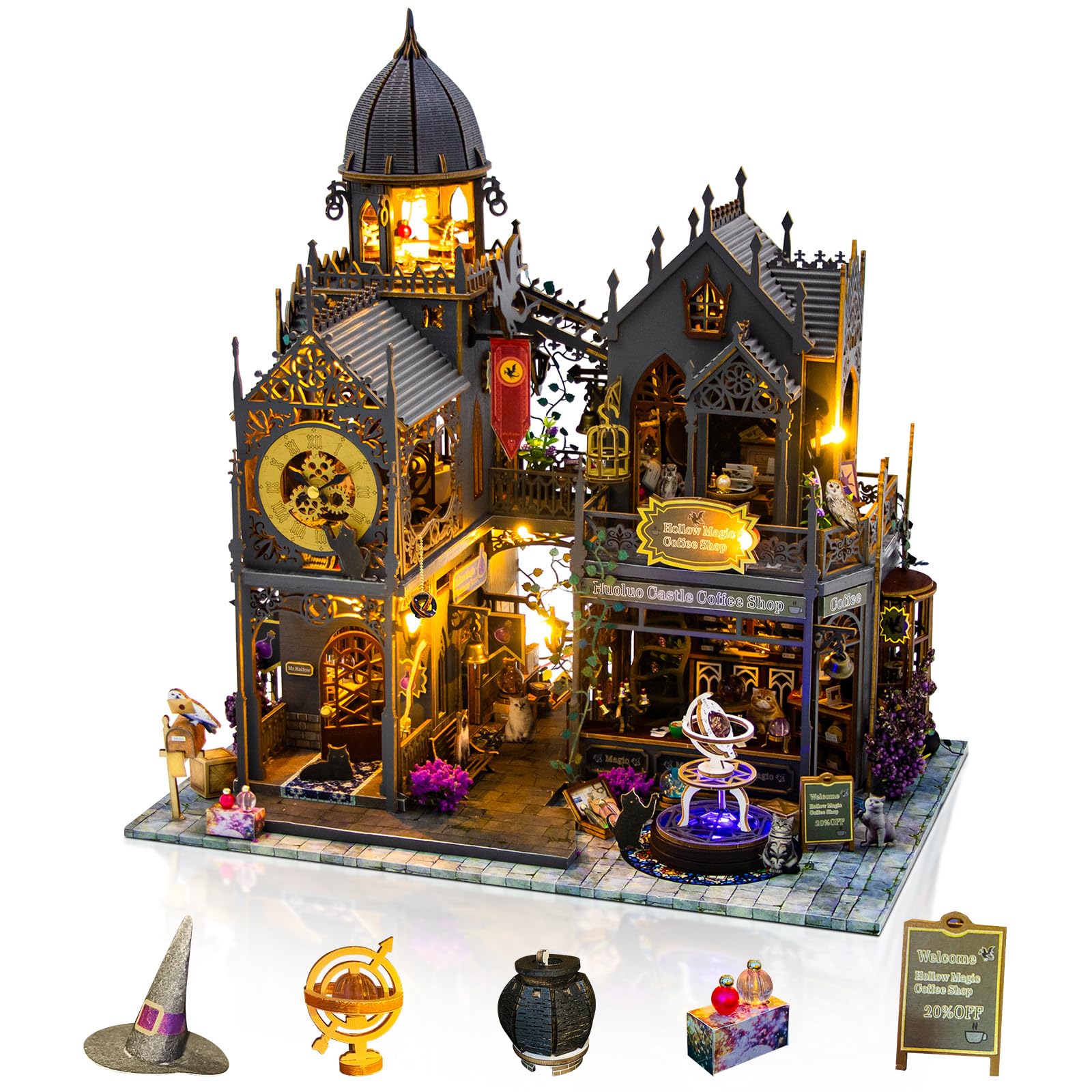 Miniature da Costruire per Adulti, Kit Casa delle Bambole in Legno, Diorama con Arredi Completi, Compleanni e Natale, Caffè Magico