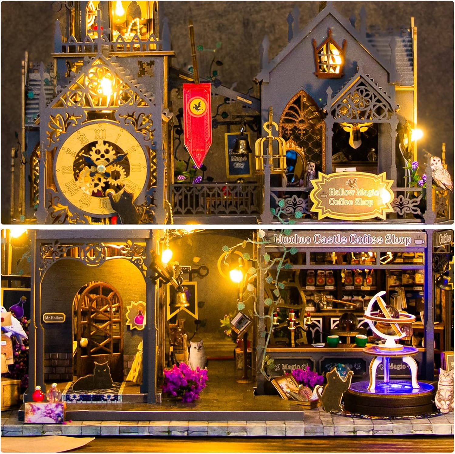 Miniature da Costruire per Adulti, Kit Casa delle Bambole in Legno, Diorama con Arredi Completi, Compleanni e Natale, Caffè Magico - immagine 5