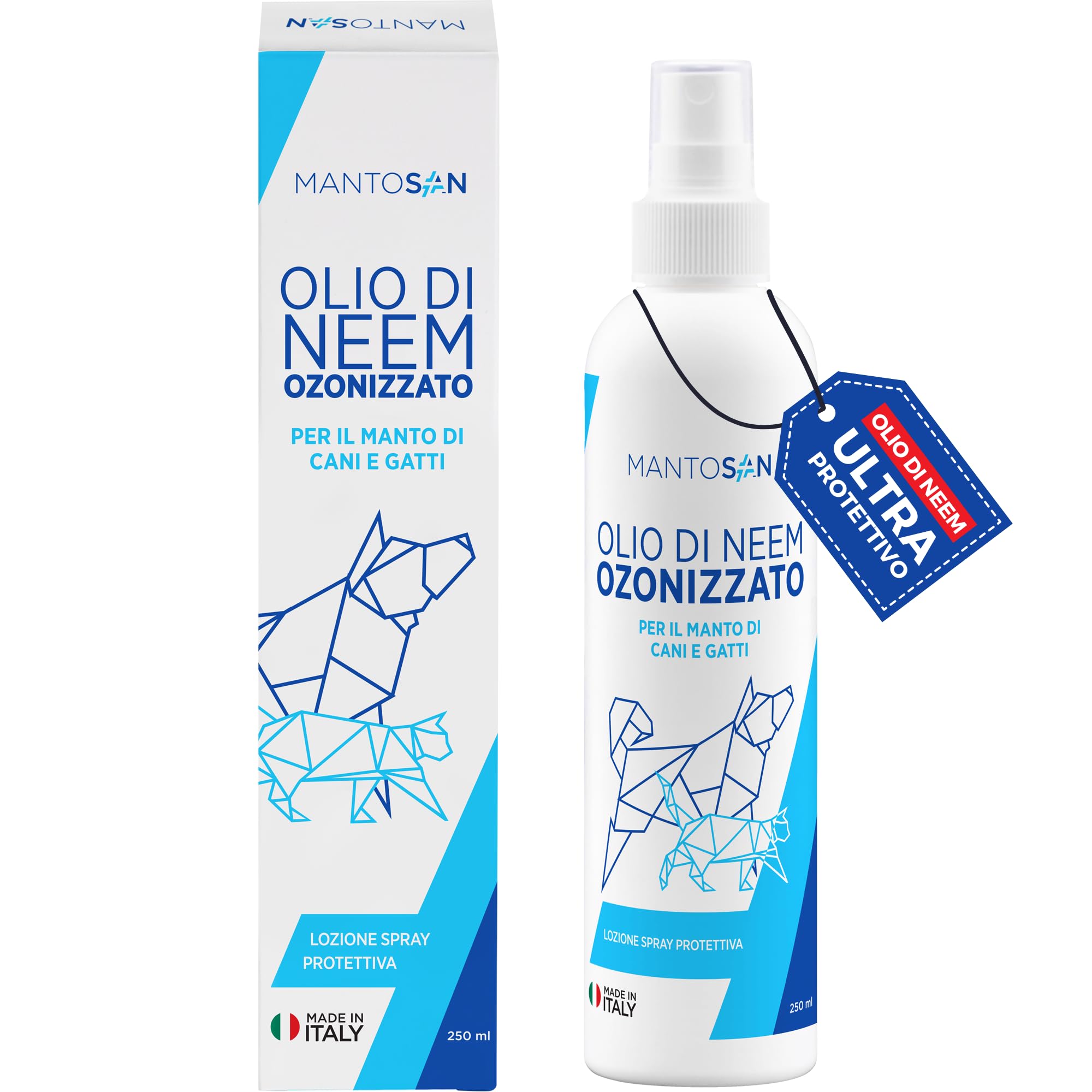 Mantosan Olio di Neem Ozonizzato per Cani e Gatti 250ml Spray Ultra Protettivo Sgradito a Zecche Pulci Zanzare Insetti Azione Naturale abbinabile a Antiparassitario Repellente Antizecche Antipulci