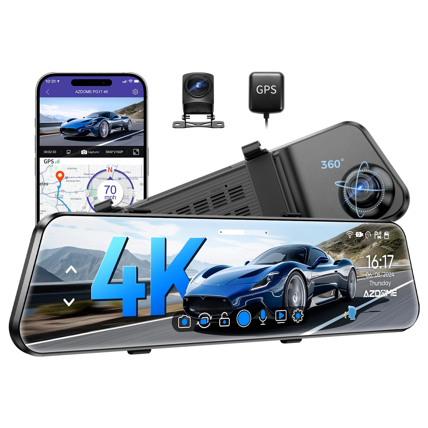 Azdome PG17 Dash Cam Specchietto 4K 12" con GPS