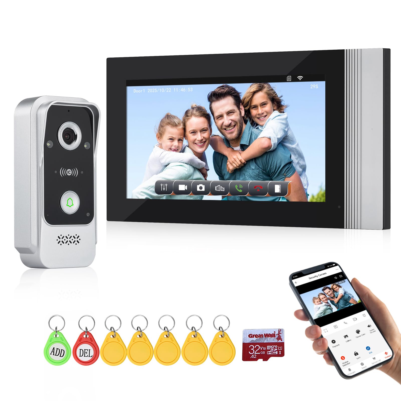Sistema di Videocitofono con Campanello WiFi a 2 Fili, Videocitofono Telecamera HD 1080P con Monitor Touch Screen Colori da 7 Pollici, Visione Notturna, Sblocco con Scheda RFID/APP Tuya