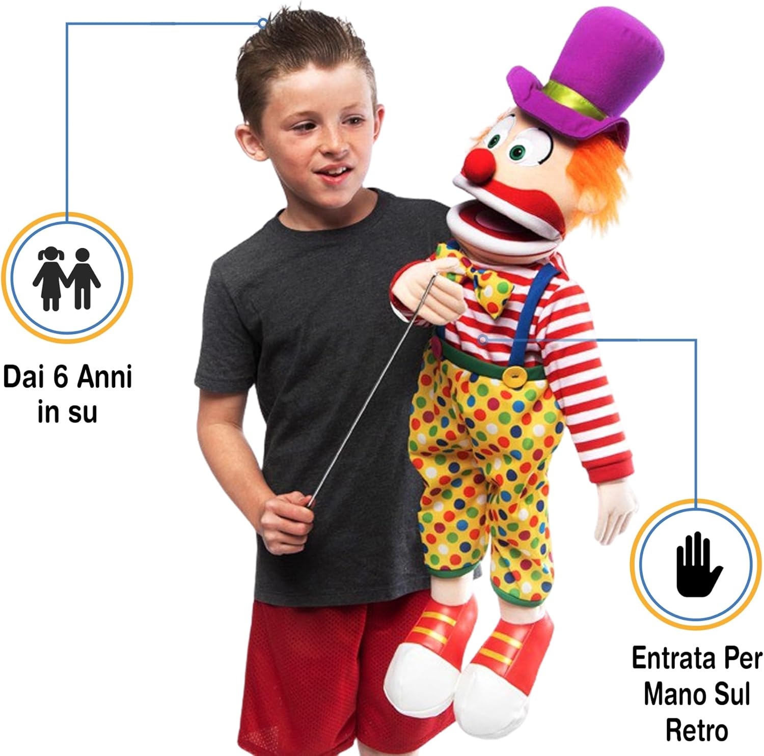 63,5 cm pagliaccio con cappello, corpo intero, burattino stile ventriloquo - immagine 2