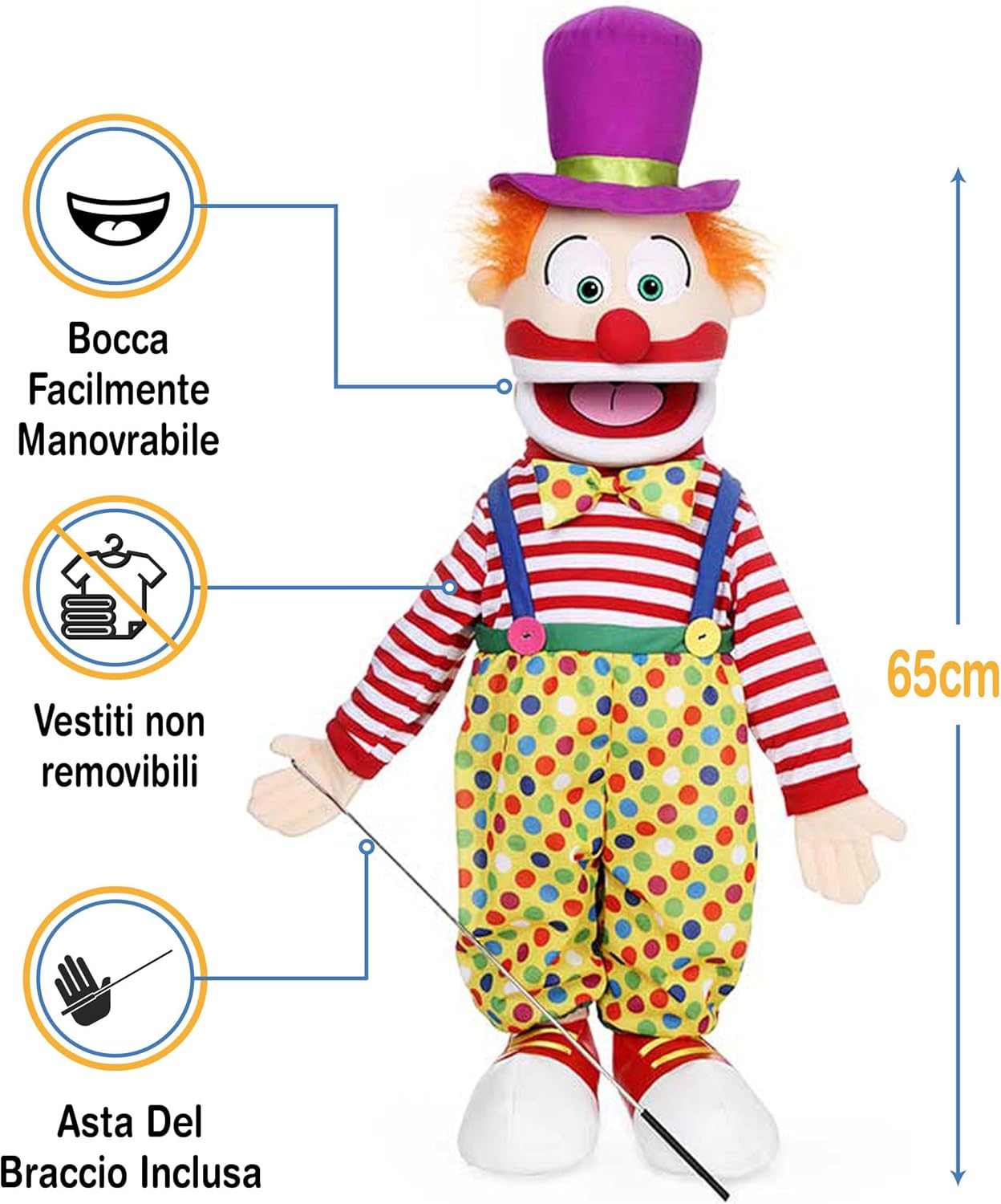 63,5 cm pagliaccio con cappello, corpo intero, burattino stile ventriloquo - immagine 3