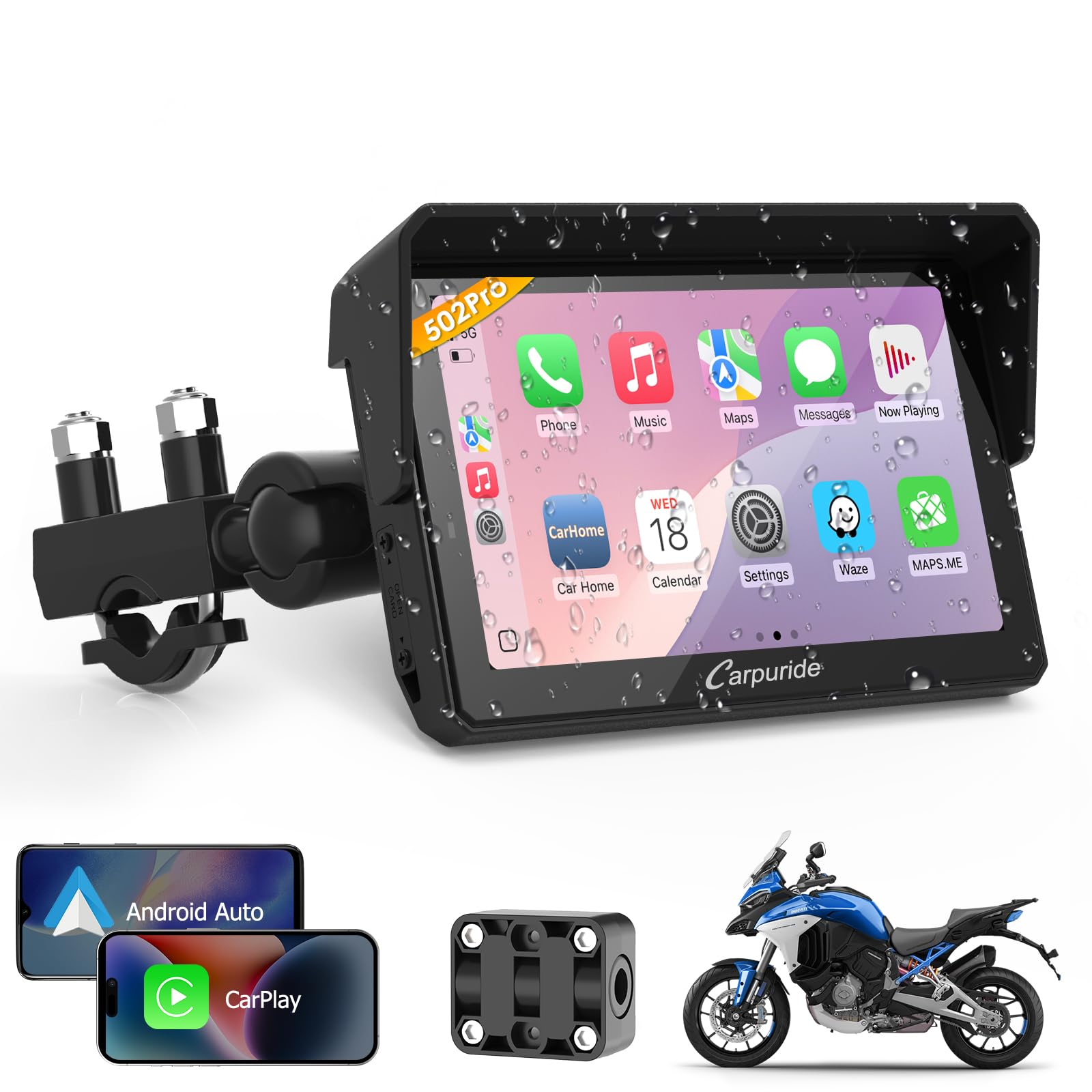 Carpuride W502PRO CarPlay Moto 5" Impermeabile