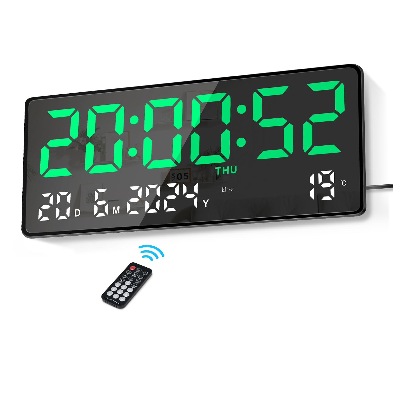 Lafocuse Orologio Digitale LED 15.5" con Telecomando, Verde