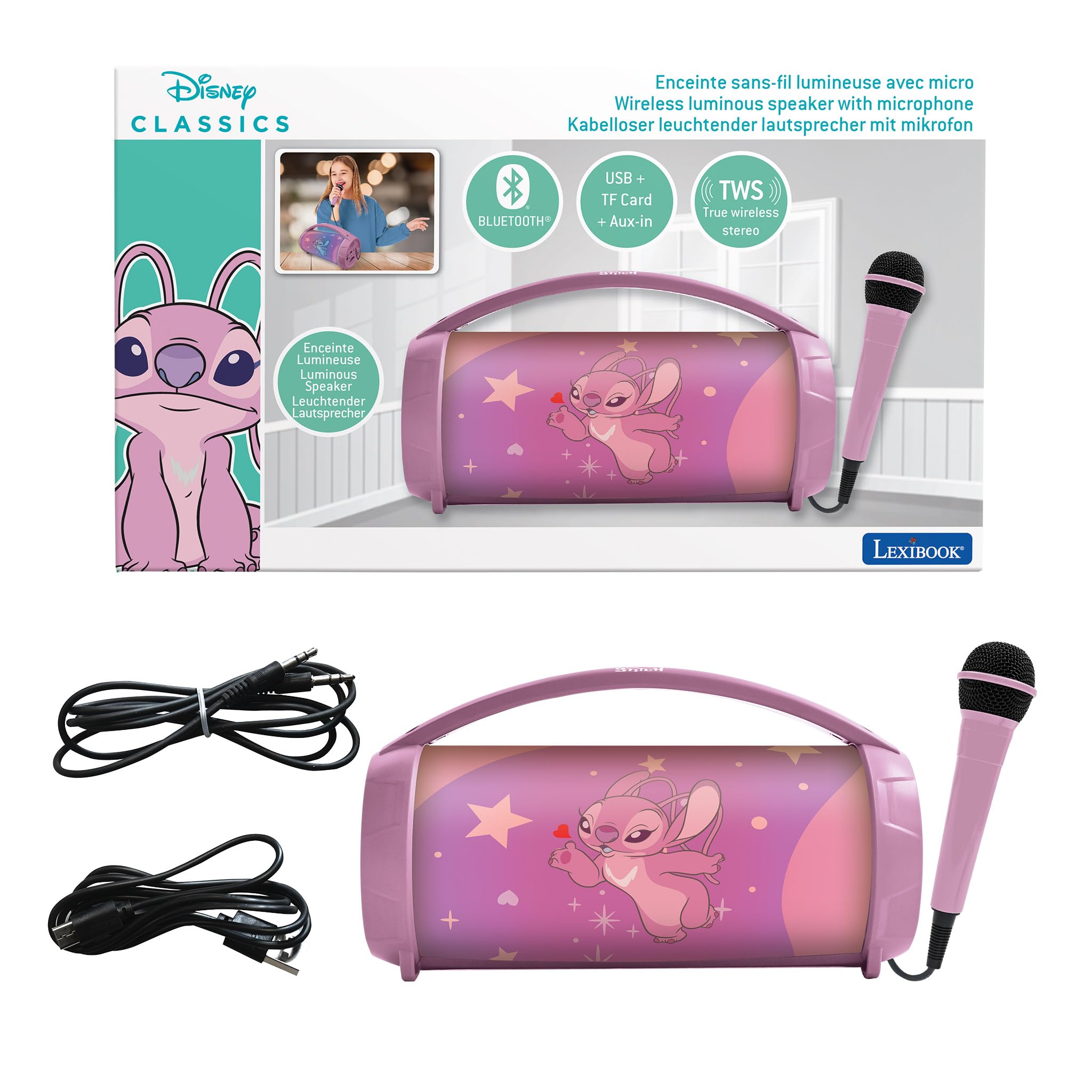 Lexibook Disney Stitch - Altoparlante Wireless Luminoso Angel, Rosa
