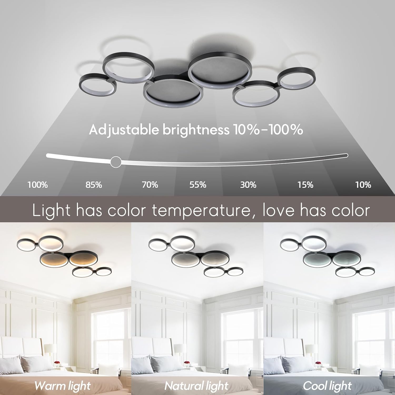 Lampadario LED Soffitto Moderno 6 Anelli 95cm, Nero - immagine 2