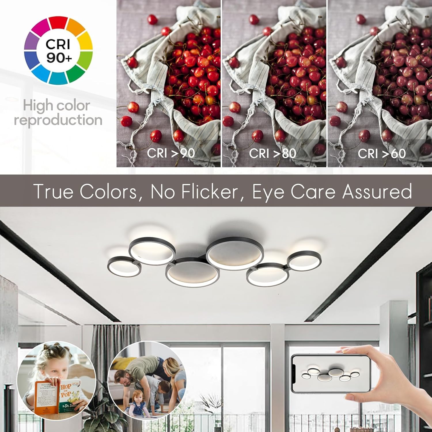 Lampadario LED Soffitto Moderno 6 Anelli 95cm, Nero - immagine 3