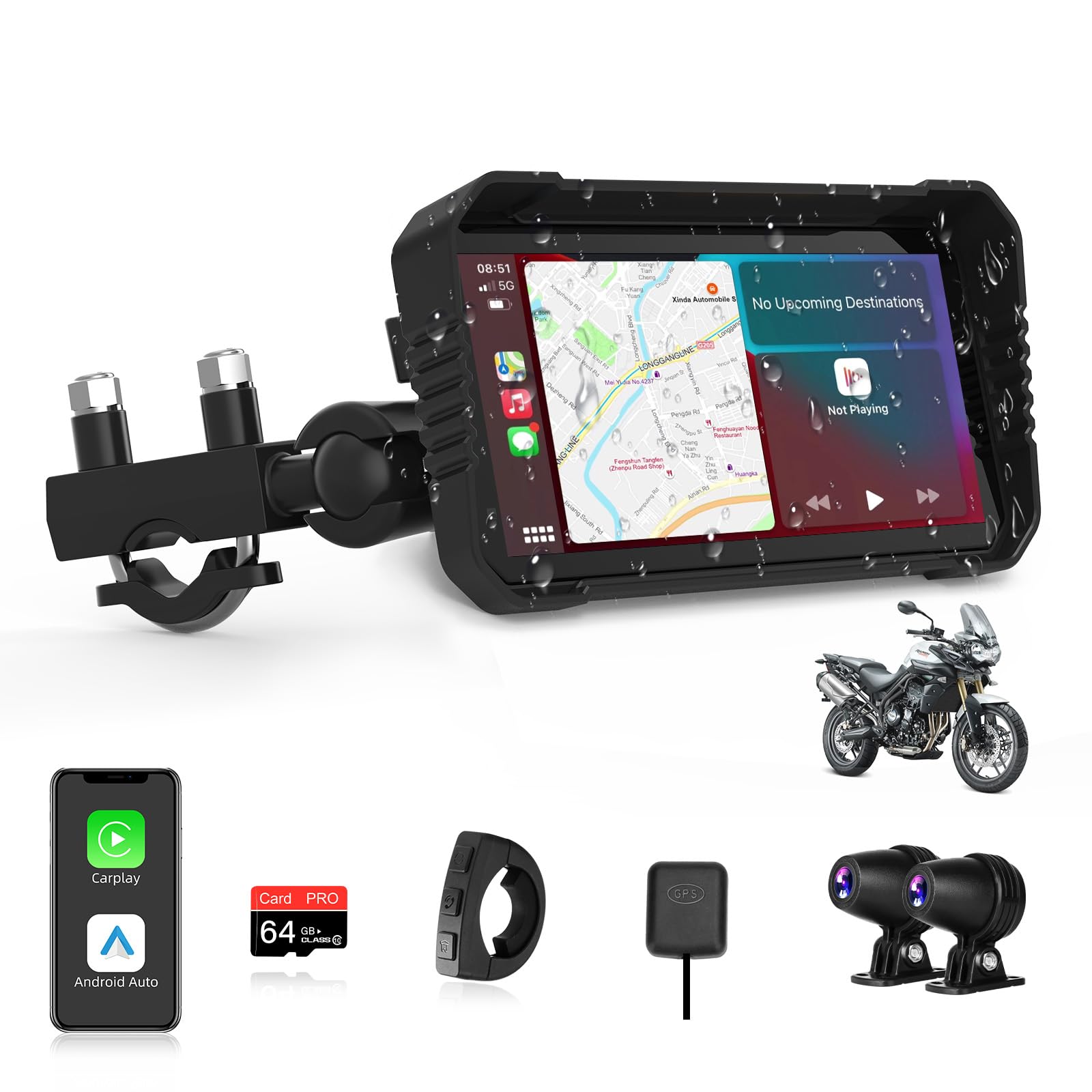 【2026 NUOVO 】4K Carplay Moto Android Auto con Dashcam，6,25 Pollici navigatore moto Carplay Schermo con Doppia Fotocamera,Bluetooth,IP67 Impermeabile,Navigazione GPS,64G TF