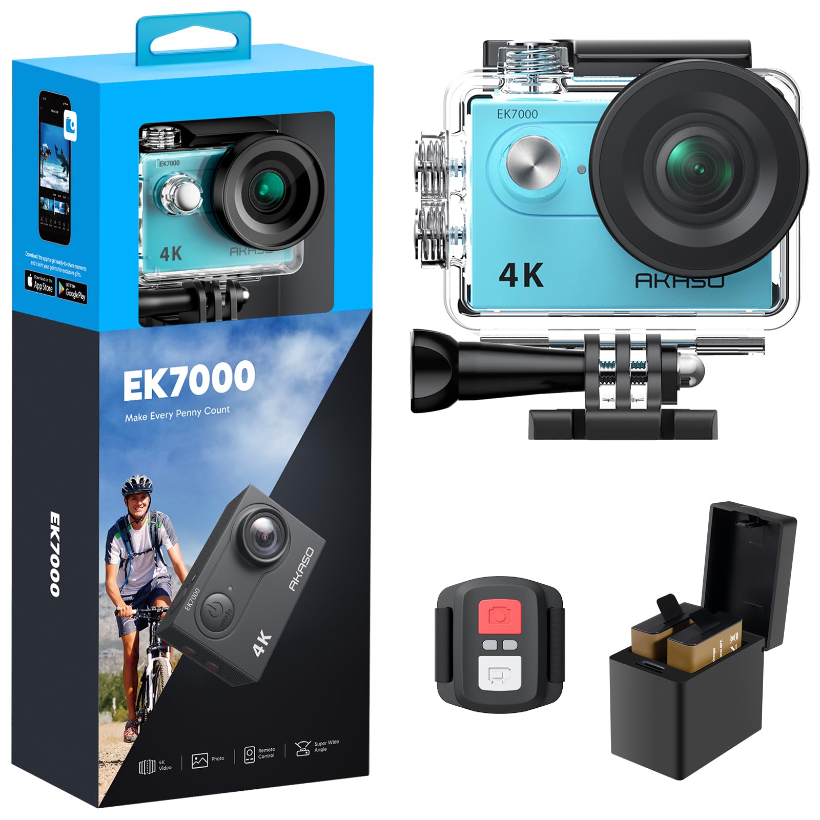 Akaso EK7000 Action Cam 4K 30FPS WiFi 20MP, Blu