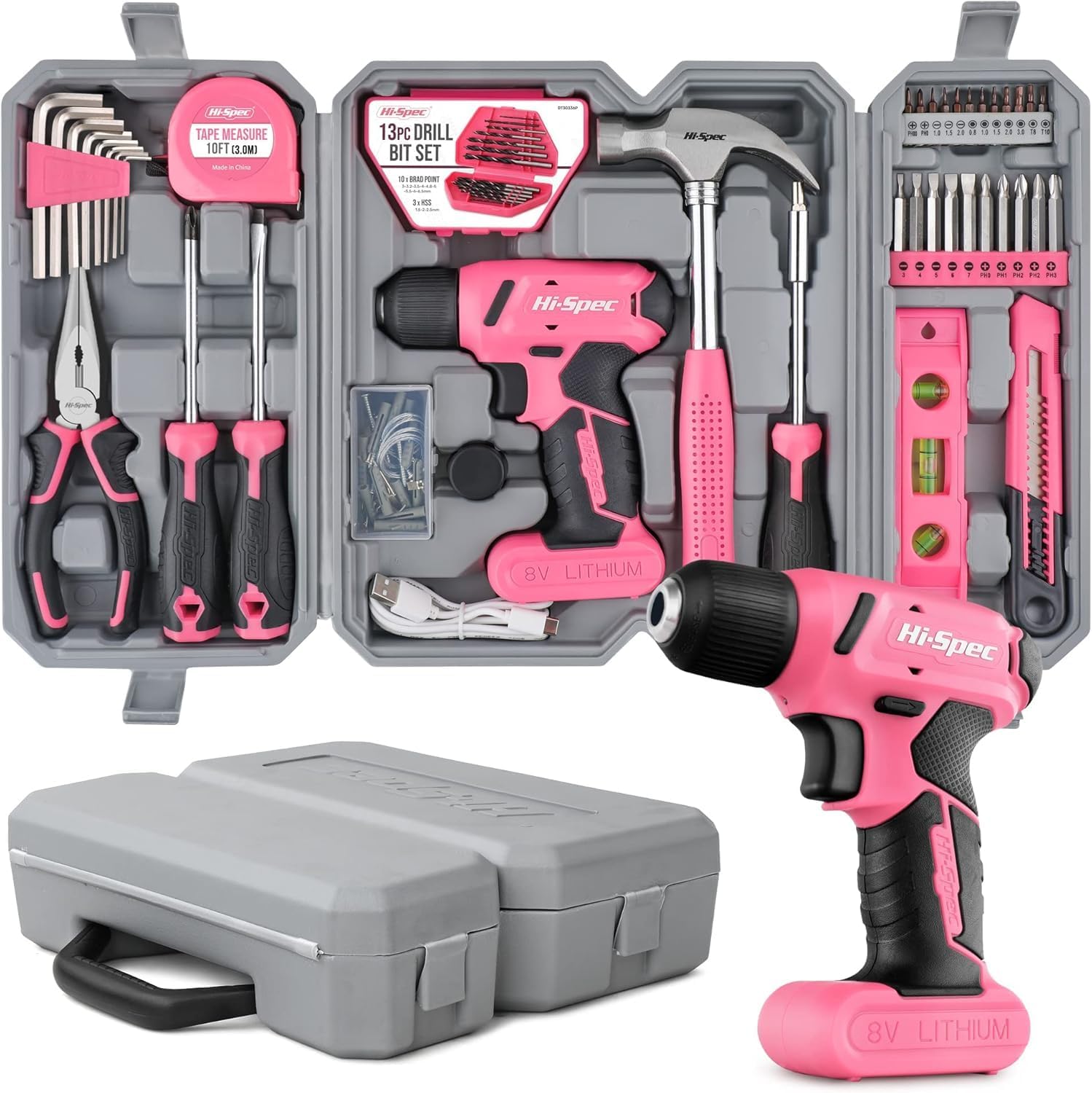 Hi-spec Set Attrezzi Fai-da-te 58 Pezzi con Trapano Rosa 8V - immagine 1