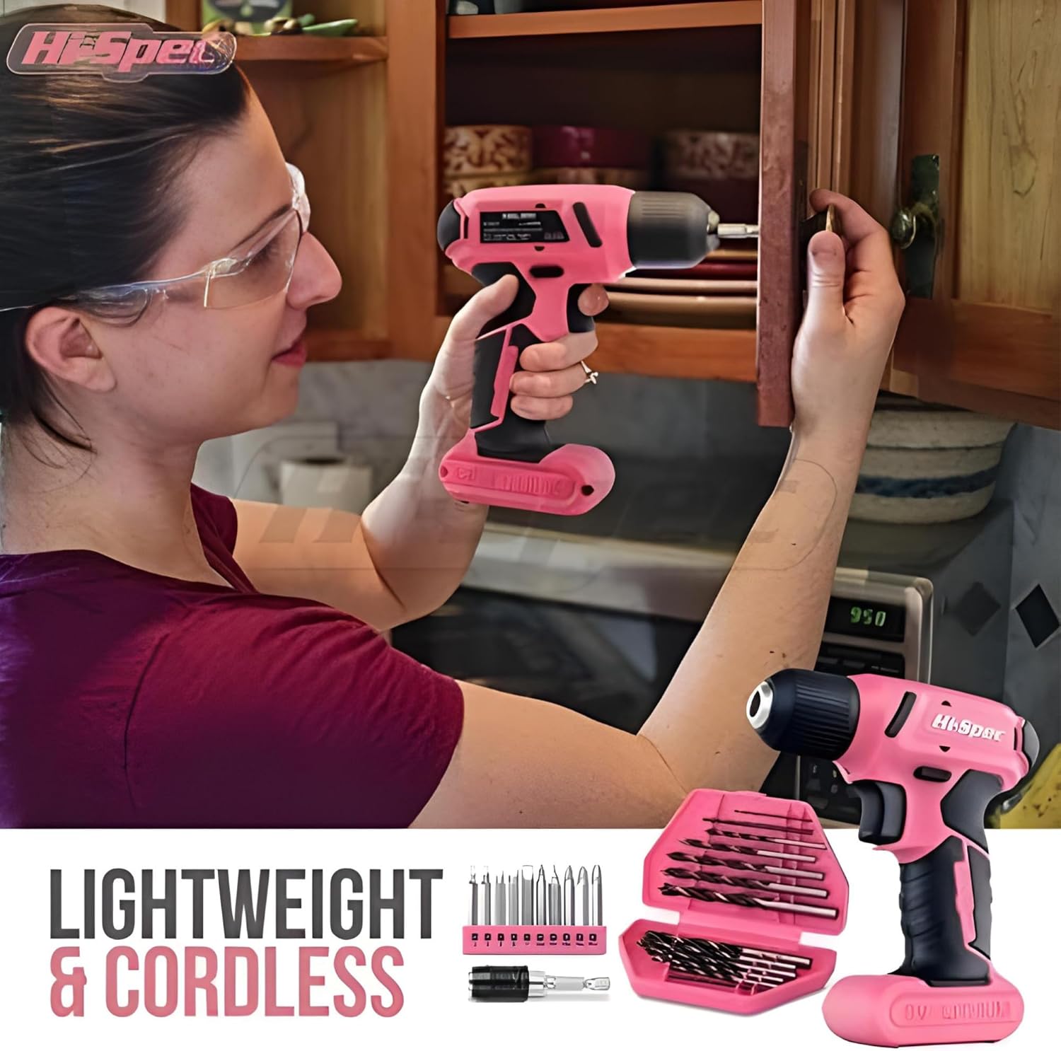 Hi-spec Set Attrezzi Fai-da-te 58 Pezzi con Trapano Rosa 8V - immagine 3