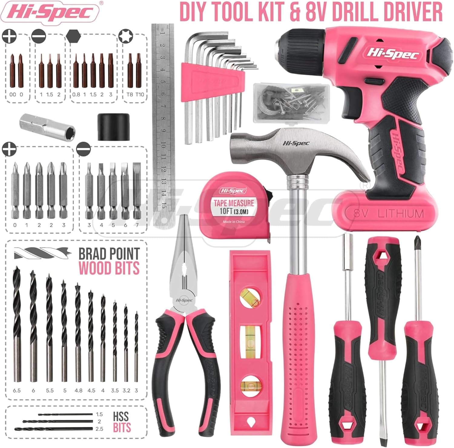 Hi-spec Set Attrezzi Fai-da-te 58 Pezzi con Trapano Rosa 8V - immagine 5