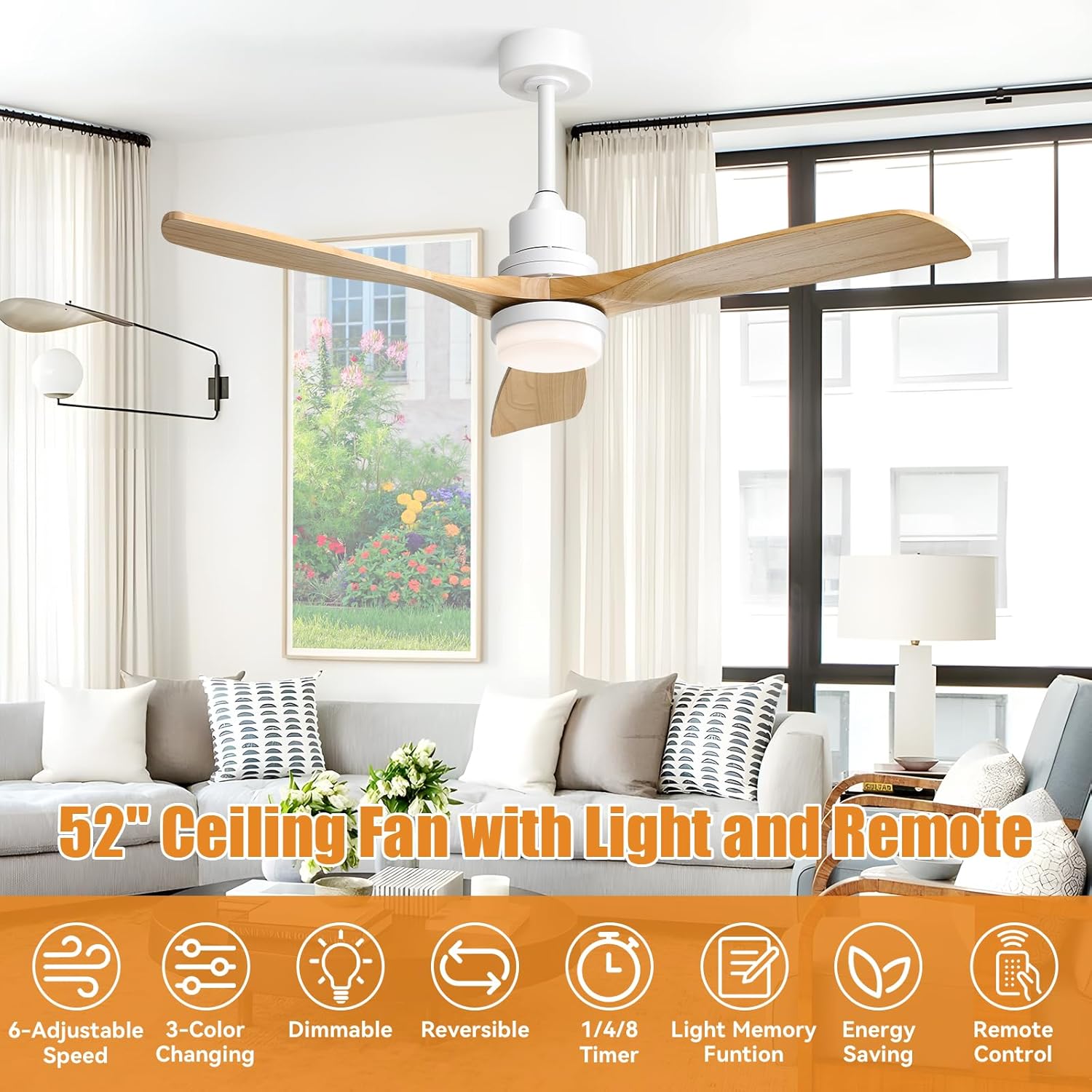 Sofucor Ventilatore da Soffitto con Luce 132cm in Legno - immagine 2