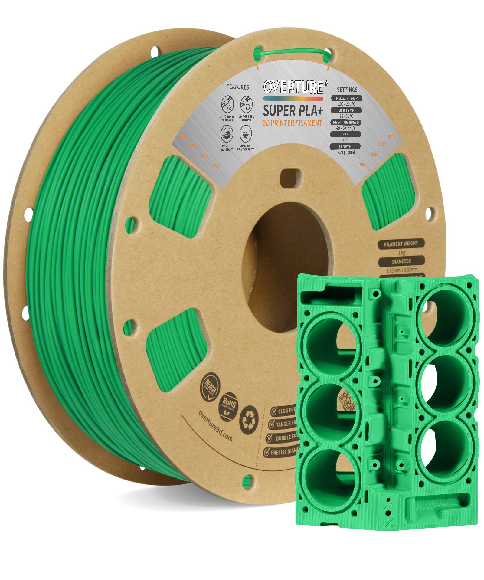 OVERTURE Super PLA+ Filamento 1.75mm, Toughness Enhanced PLA Plus, 1kg Bobina(2.2lbs), Precisione Dimensionale +/- 0.03 mm, per Stampante 3D (Green)