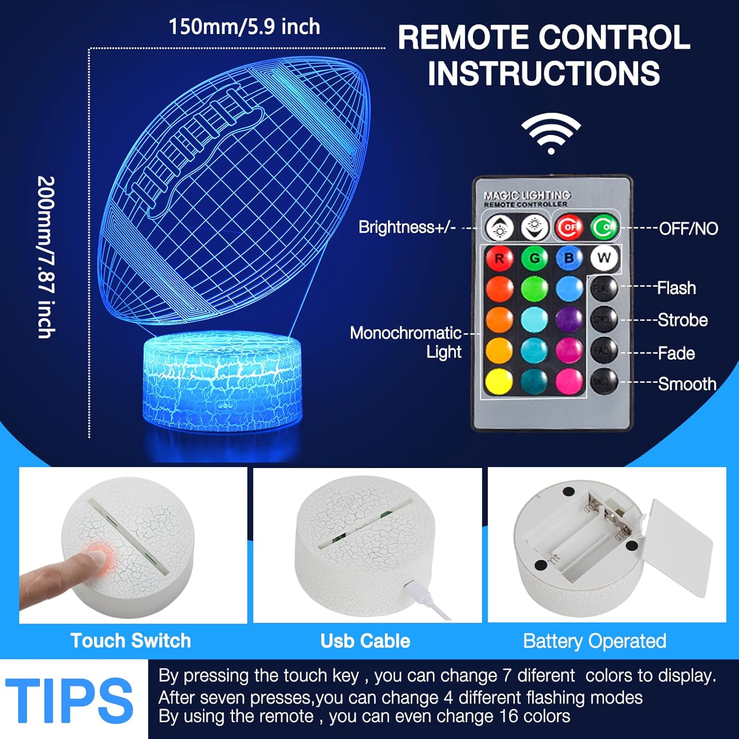 Luci Notturna 3D LED Palla Ovale con Telecomando - immagine 3