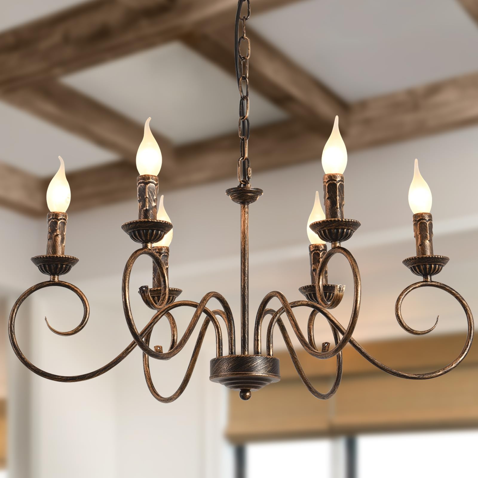 JIINOO Lampadario Country Tradizionale 6 Luci E14, Bronzo