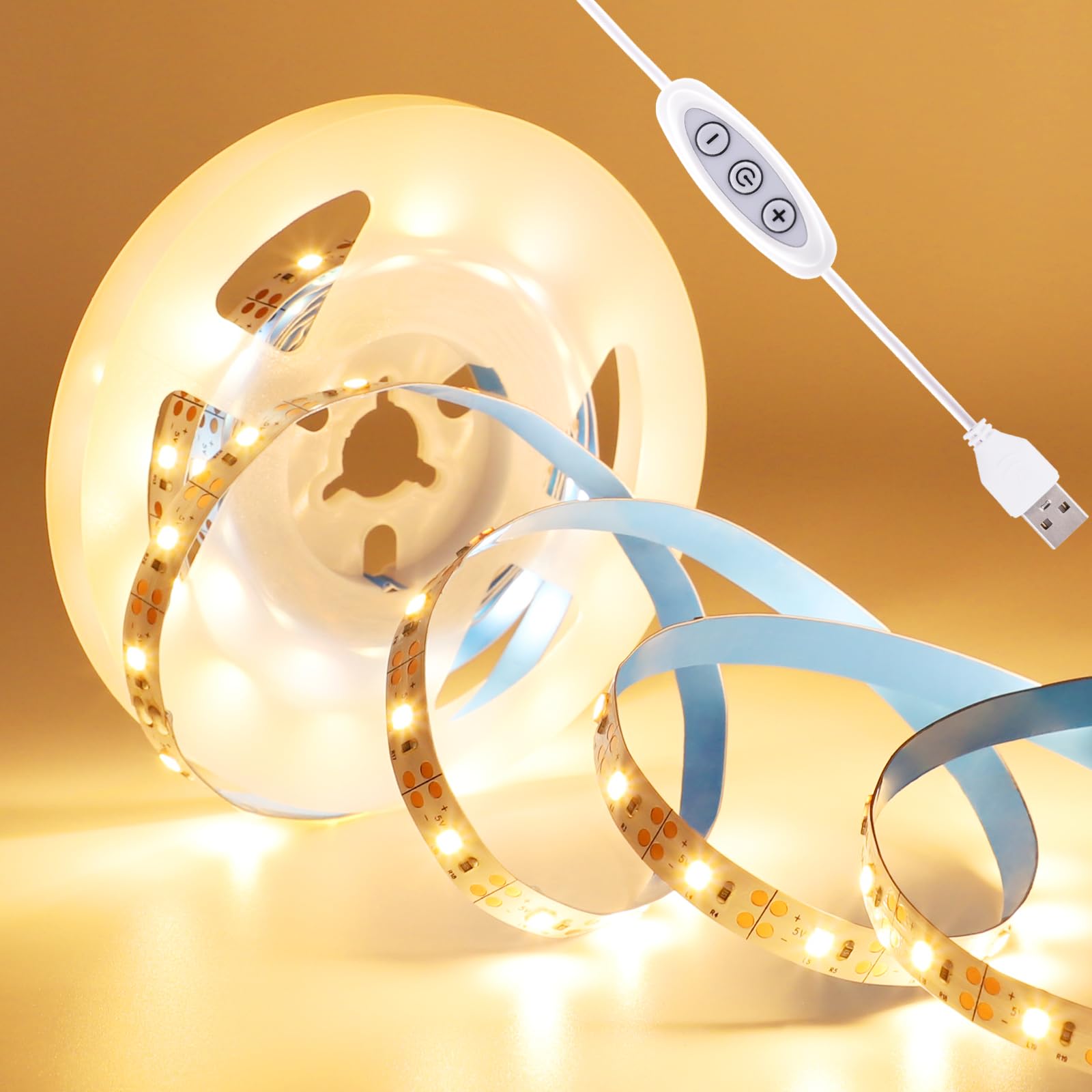 Liyade Striscia LED USB 3M, 5V bianco caldo 2700K dimmerabile con funzione memoria, nastro LED flessibile autoadesivo per retroilluminazione TV, camera da letto, decorazione della casa fai da te