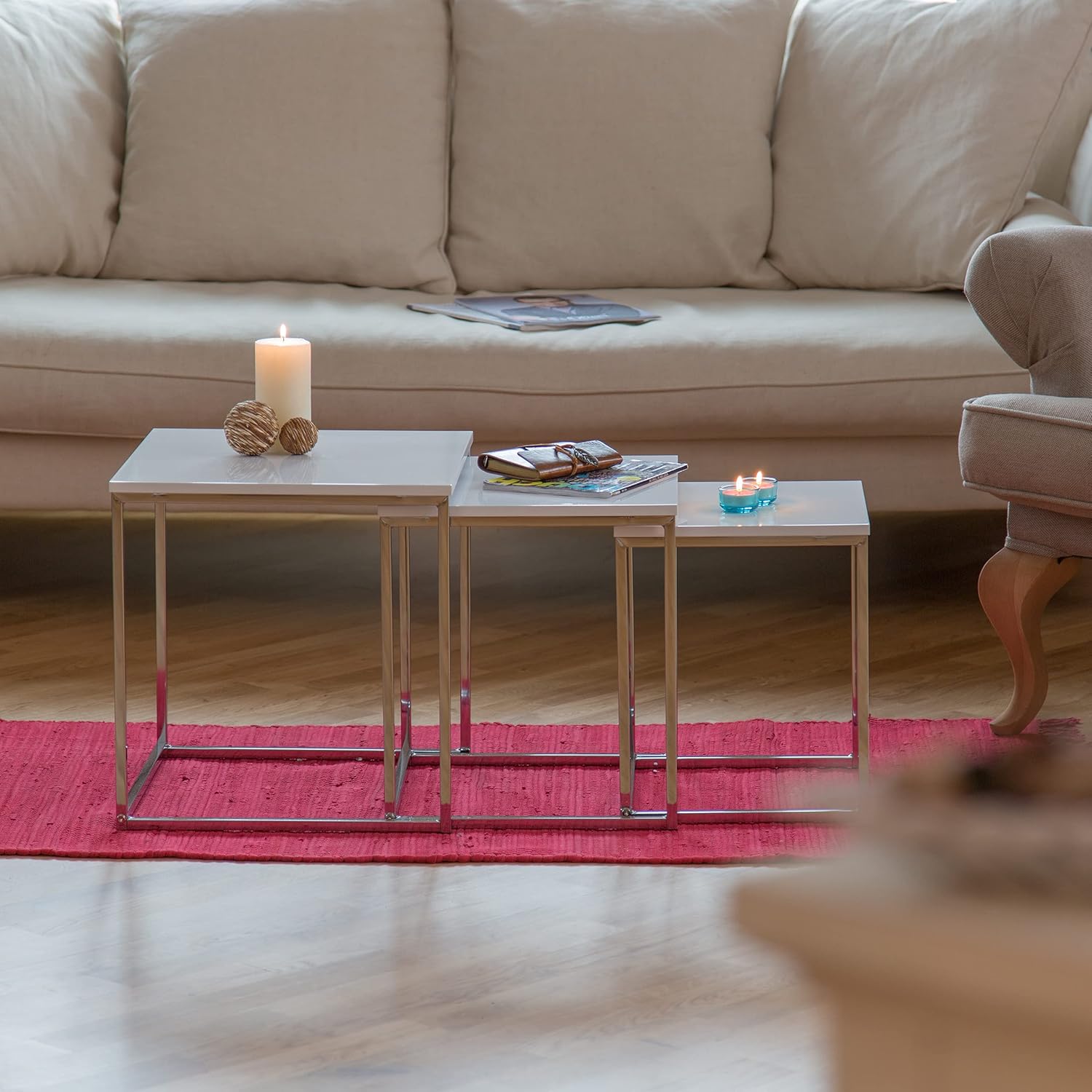 Relaxdays Tavolini da Salotto Set 3 Sovrapponibili, Bianco - immagine 2