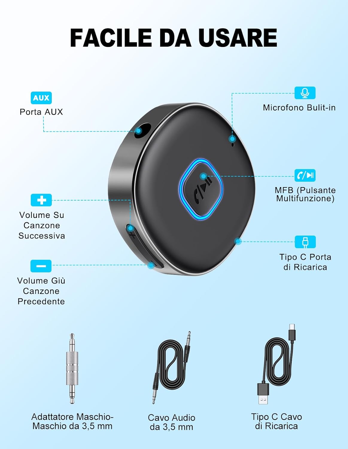 Mohard Ricevitore Bluetooth 5.3 Mini Aux Auto - immagine 6