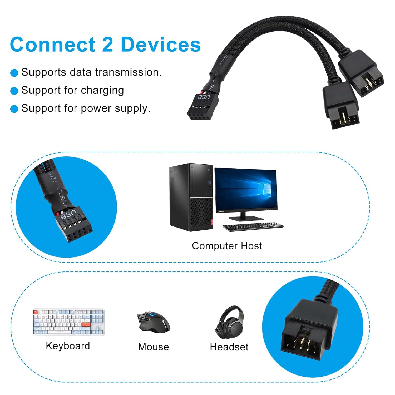 Ruizhi Cavo Prolunga USB 2.0 a 9 Pin (2 Pezzi) - Nero - immagine 4