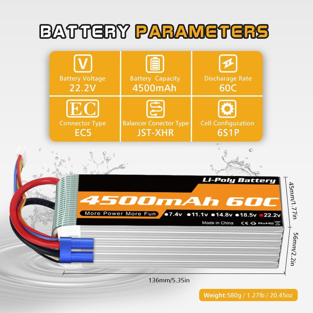 Batteria Lipo 6S 22.2V 4500mAh 60C (2 confezioni) - immagine 2