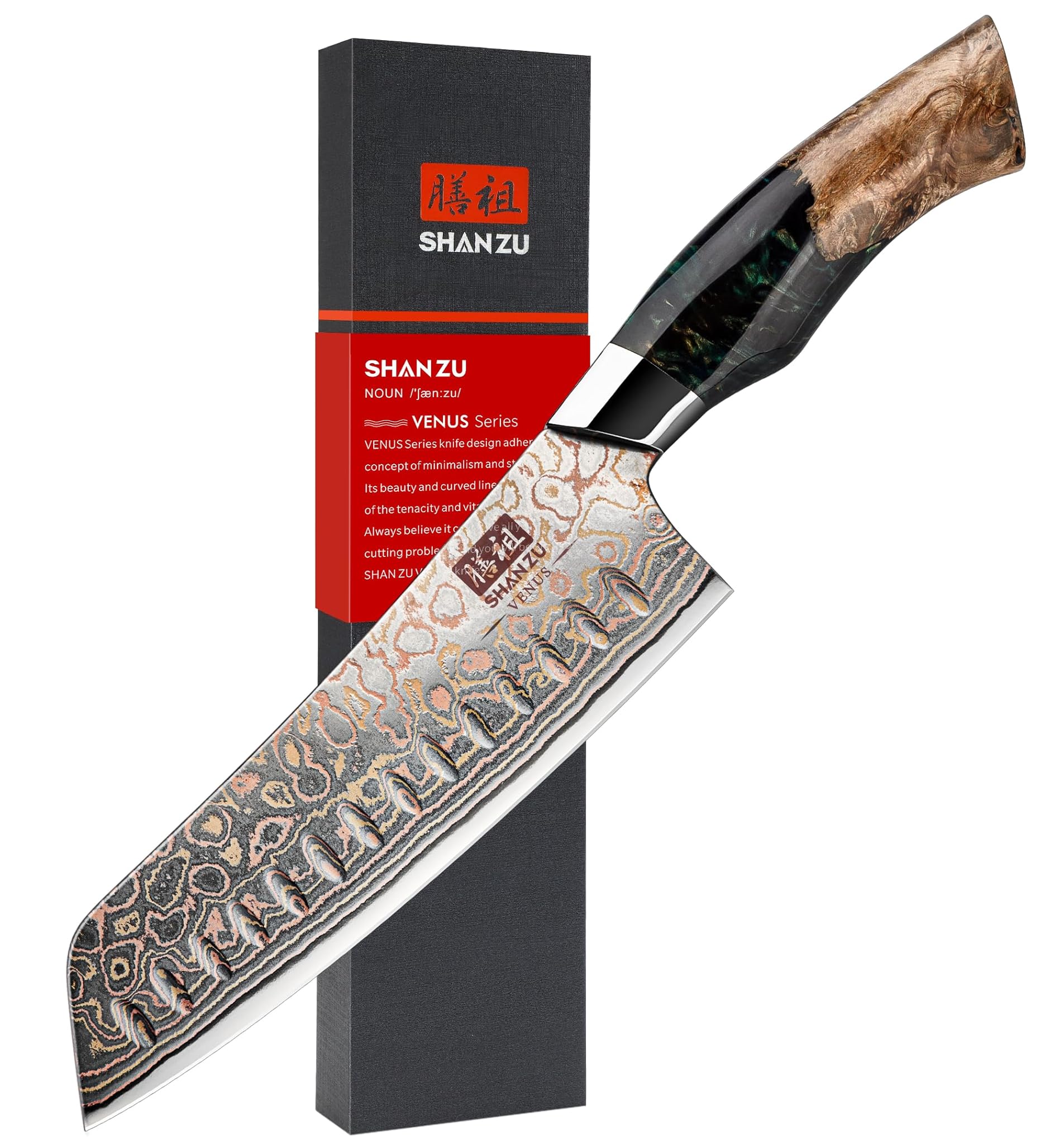 Shan Zu Coltello Santoku 18CM Acciaio Damasco & Rame